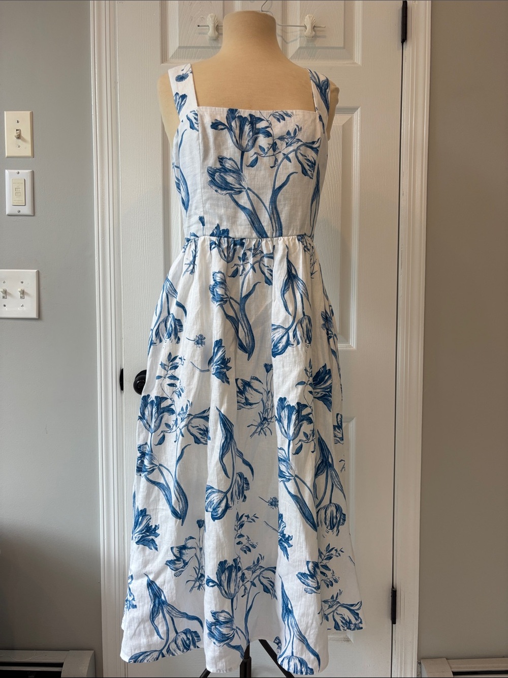 Reformation Freida Dress White & Blue Linen Midi Dress Floral Print